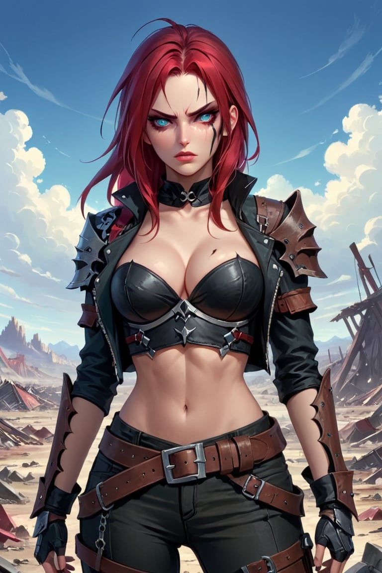 masterpiece, best quality, katarina, (scar over eye), armor, cropped jacket, cleavage, bustier, midriff, belt, black pants, upper body, standing, furrowed brow, serious expression, glare, looking at viewer, wasteland, sky, clouds