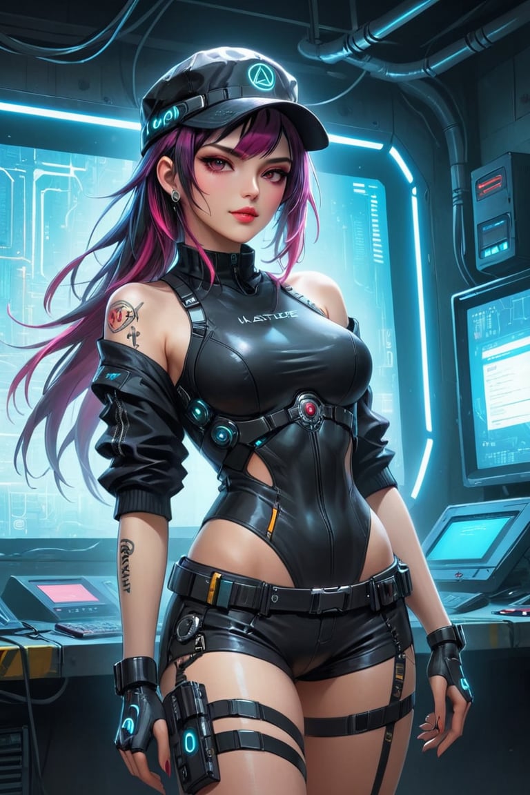 (masterpiece, top quality, best quality, official art, beautiful and aesthetic:1.2), (1girl), extreme detailed,Beautiful woman medium hair, wearing cap, cyberpunk style short clothes