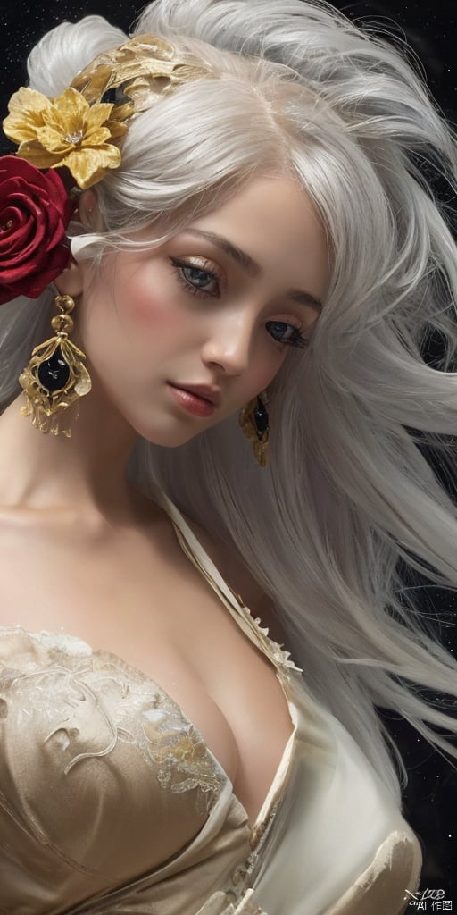  1girl,Han Chinese girls,yellow Hanfu,chinese clothes,large breasts,leaf,Black Rose,jewelry, earrings,lips, makeup, portrait, eyeshadow, realistic, nose,{{best quality}}, {{masterpiece}}, {{ultra-detailed}}, {illustration}, {detailed light}, {an extremely delicate and beautiful}, a girl, {beautiful detailed eyes}, stars in the eyes, messy floating hair, colored inner hair, Starry sky adorns hair, depth of field, large breasts,cleavage,blurry, no humans, traditional media, gem, crystal, still life, Dance,movements, All the Colours of the Rainbow,zj,
simple background, shiny, blurry, no humans, depth of field, black background, gem, crystal, realistic, red gemstone, still 
