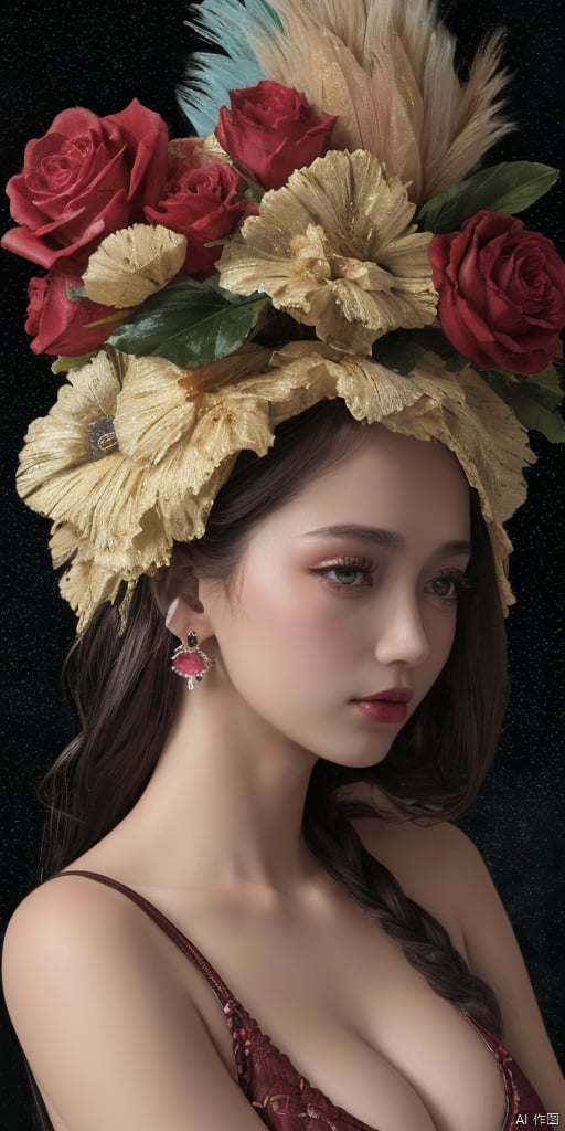  1girl,Han Chinese girls,yellow Hanfu,chinese clothes,large breasts,leaf,Black Rose,jewelry, earrings,lips, makeup, portrait, eyeshadow, realistic, nose,{{best quality}}, {{masterpiece}}, {{ultra-detailed}}, {illustration}, {detailed light}, {an extremely delicate and beautiful}, a girl, {beautiful detailed eyes}, stars in the eyes, messy floating hair, colored inner hair, Starry sky adorns hair, depth of field, large breasts,cleavage,blurry, no humans, traditional media, gem, crystal, still life, Dance,movements, All the Colours of the Rainbow,zj,
simple background, shiny, blurry, no humans, depth of field, black background, gem, crystal, realistic, red gemstone, still 
