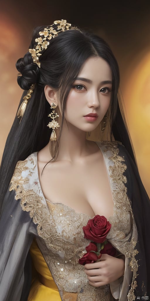  1girl,Han Chinese girls,yellow Hanfu,chinese clothes,large breasts,Black Rose,jewelry, earrings,lips, makeup, portrait, eyeshadow, realistic, nose,{{best quality}}, {{masterpiece}}, {{ultra-detailed}}, {illustration}, {detailed light}, {an extremely delicate and beautiful}, a girl, {beautiful detailed eyes}, stars in the eyes, messy floating hair, colored inner hair, Starry sky adorns hair, depth of field, large breasts,cleavage,blurry, no humans, traditional media, gem, crystal, still life, Dance,movements, All the Colours of the Rainbow,zj,
simple background, shiny, blurry, no humans, depth of field, black background, gem, crystal, realistic, red gemstone, still life,
