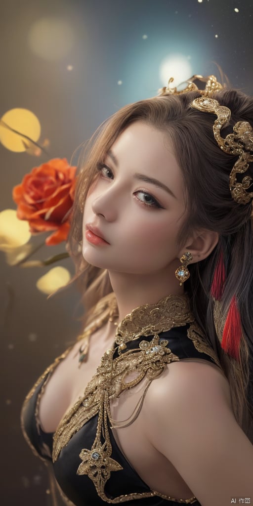  1girl,Han Chinese girls,yellow Hanfu,chinese clothes,large breasts,leaf,Black Rose,jewelry, earrings,lips, makeup, portrait, eyeshadow, realistic, nose,{{best quality}}, {{masterpiece}}, {{ultra-detailed}}, {illustration}, {detailed light}, {an extremely delicate and beautiful}, a girl, {beautiful detailed eyes}, stars in the eyes, messy floating hair, colored inner hair, Starry sky adorns hair, depth of field, large breasts,cleavage,blurry, no humans, traditional media, gem, crystal, still life, Dance,movements, All the Colours of the Rainbow,zj,
simple background, shiny, blurry, no humans, depth of field, black background, gem, crystal, realistic, red gemstone, still 
