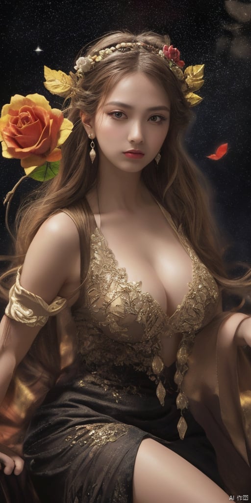  1girl,Han Chinese girls,yellow Hanfu,chinese clothes,large breasts,leaf,Black Rose,jewelry, earrings,lips, makeup, portrait, eyeshadow, realistic, nose,{{best quality}}, {{masterpiece}}, {{ultra-detailed}}, {illustration}, {detailed light}, {an extremely delicate and beautiful}, a girl, {beautiful detailed eyes}, stars in the eyes, messy floating hair, colored inner hair, Starry sky adorns hair, depth of field, large breasts,cleavage,blurry, no humans, traditional media, gem, crystal, still life, Dance,movements, All the Colours of the Rainbow,zj,
simple background, shiny, blurry, no humans, depth of field, black background, gem, crystal, realistic, red gemstone, still 
