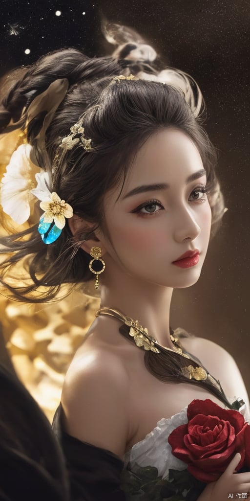  1girl,Han Chinese girls,yellow Hanfu,chinese clothes,large breasts,Black Rose,jewelry, earrings,lips, makeup, portrait, eyeshadow, realistic, nose,{{best quality}}, {{masterpiece}}, {{ultra-detailed}}, {illustration}, {detailed light}, {an extremely delicate and beautiful}, a girl, {beautiful detailed eyes}, stars in the eyes, messy floating hair, colored inner hair, Starry sky adorns hair, depth of field, large breasts,cleavage,blurry, no humans, traditional media, gem, crystal, still life, Dance,movements, All the Colours of the Rainbow,zj,
simple background, shiny, blurry, no humans, depth of field, black background, gem, crystal, realistic, red gemstone, still life,
