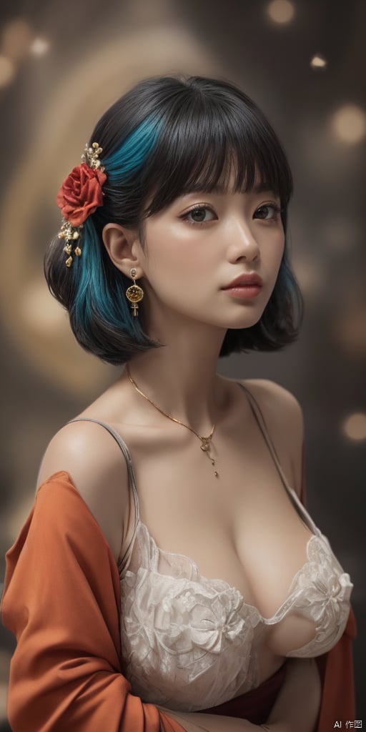  1girl,Han Chinese girls,yellow Hanfu,chinese clothes,large breasts,leaf,Black Rose,jewelry, earrings,lips, makeup, portrait, eyeshadow, realistic, nose,{{best quality}}, {{masterpiece}}, {{ultra-detailed}}, {illustration}, {detailed light}, {an extremely delicate and beautiful}, a girl, {beautiful detailed eyes}, stars in the eyes, messy floating hair, colored inner hair, Starry sky adorns hair, depth of field, large breasts,cleavage,blurry, no humans, traditional media, gem, crystal, still life, Dance,movements, All the Colours of the Rainbow,zj,
simple background, shiny, blurry, no humans, depth of field, black background, gem, crystal, realistic, red gemstone, still life,
