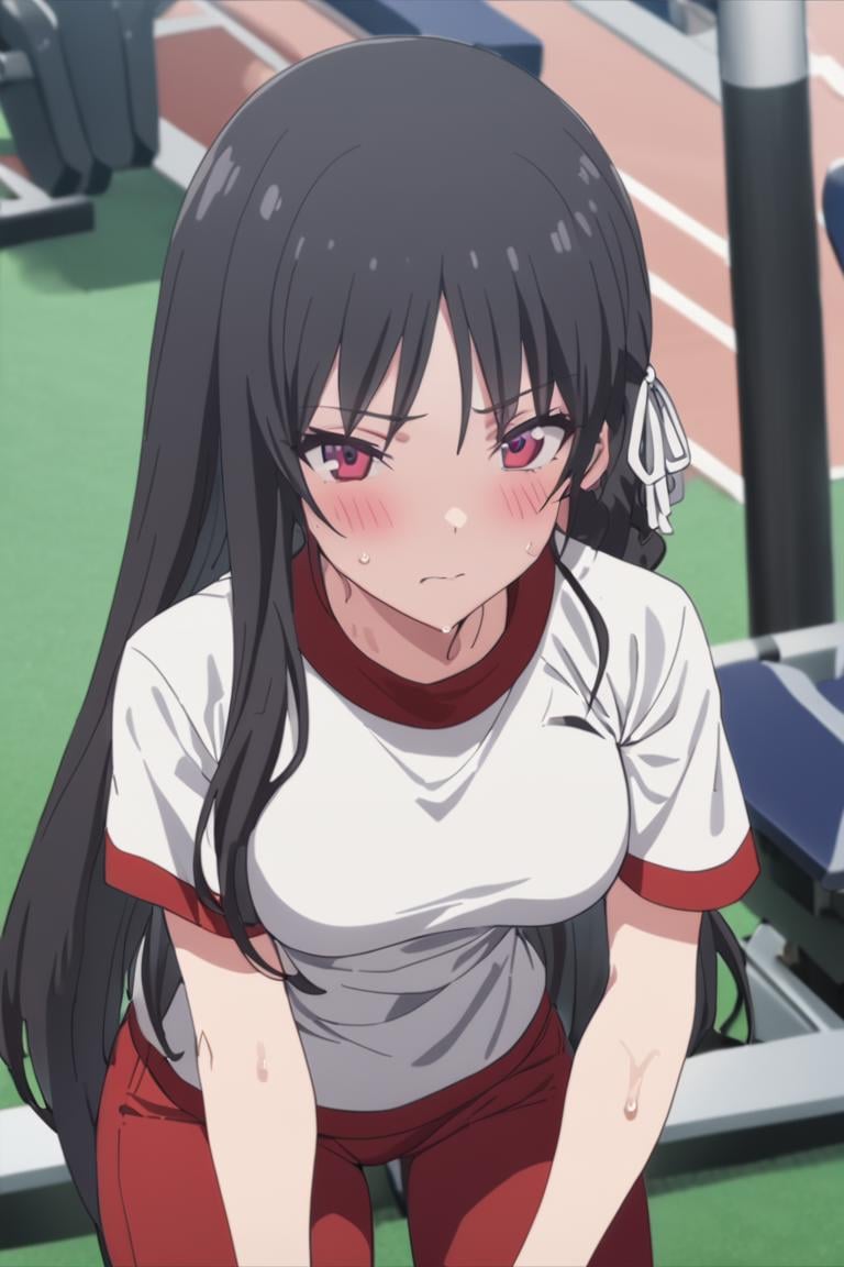 masterpiece, best quality, , cute,1girl, solo, female, horikita suzune, red eyes, purple eyes,  long hair, black hair, hair ribbon, side braid, anime screencap,gym unifrom, white tshirt, red pants, outdoors, sweat, working out, , blush,  ,cowboy shot, looking at viewer, colorful, vivid, best quality, absurdres, best aesthetic <lora:Horikita_Suzune_XL-000009:1>