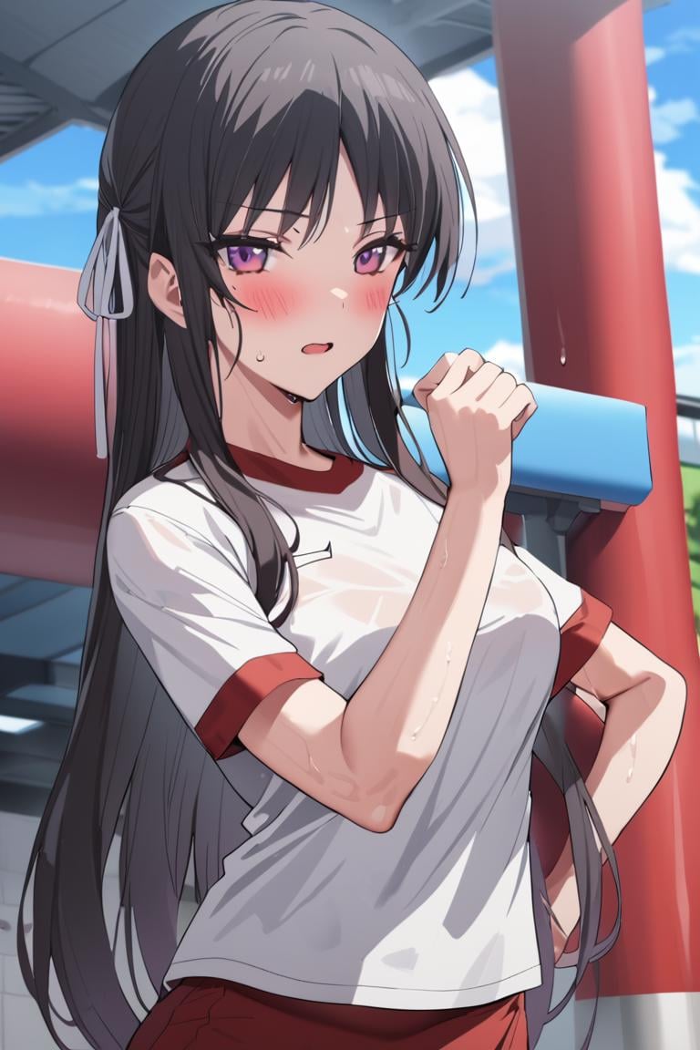 masterpiece, best quality, , cute,1girl, solo, female, horikita suzune, red eyes, purple eyes,  long hair, black hair, hair ribbon, gym unifrom, white tshirt, red pants, outdoors, sweat, working out, , blush,  ,cowboy shot, looking at viewer, colorful, vivid, best quality, absurdres, best aesthetic <lora:Horikita_Suzune_XL-000009:1>