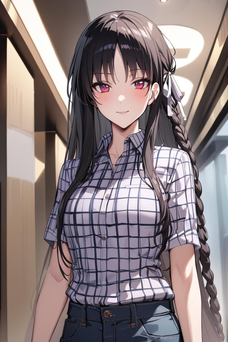 masterpiece, best quality, , cute,1girl, solo, female, horikita suzune, red eyes, purple eyes,  long hair, black hair, hair ribbon, side braid, shirt, jeans, tucked in shirt,, checkered shirt, pattern, modern, stylish, pleated pants, upper body, light smile,  ,cowboy shot, looking at viewer, colorful, vivid, best quality, absurdres, best aesthetic <lora:Horikita_Suzune_XL-000009:1>