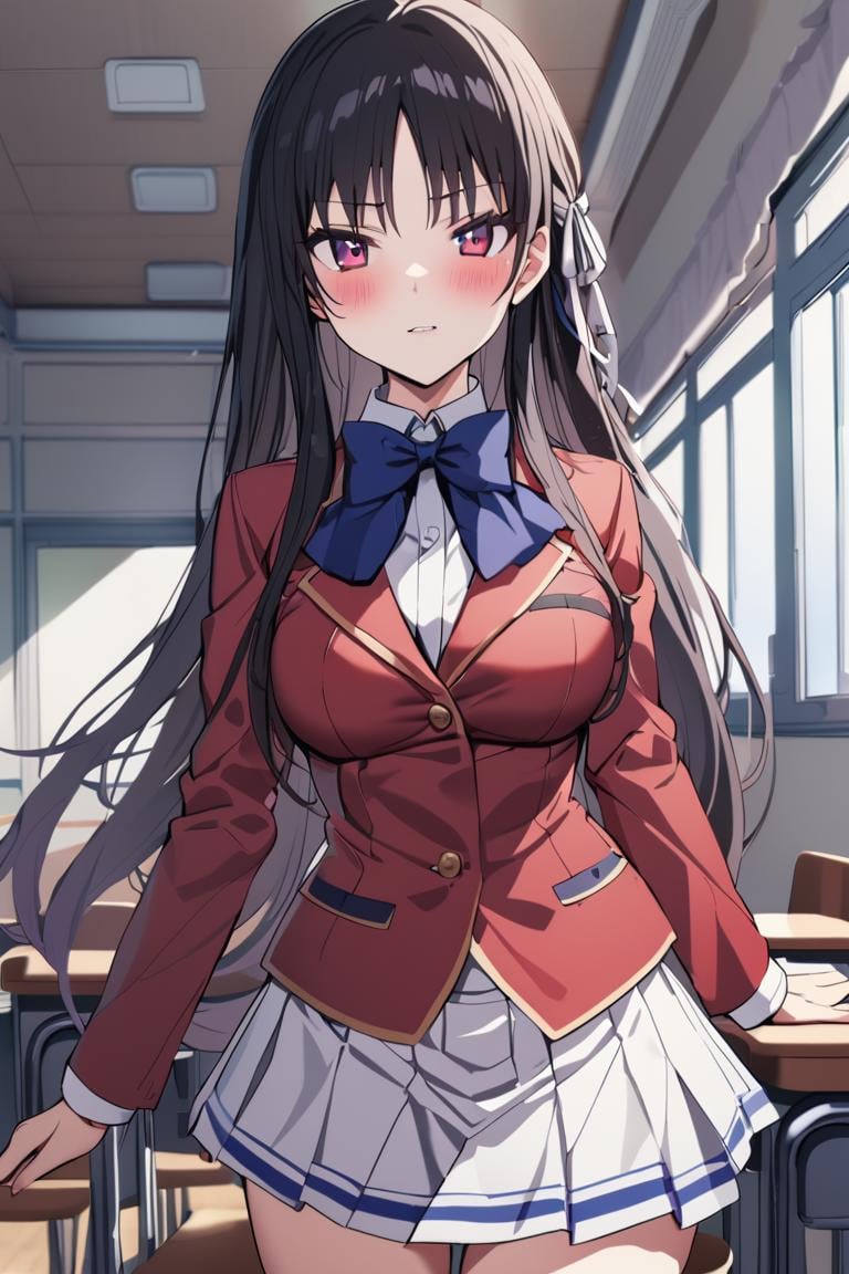 masterpiece, best quality, , cute,1girl, solo, female, horikita suzune, red eyes, purple eyes,  long hair, black hair, hair ribbon, school uniform, bow tie, red jacket, white skirt, pleated skirt, indoors, classroom, school,, blush,  ,cowboy shot, looking at viewer, colorful, vivid, best quality, absurdres, best aesthetic <lora:Horikita_Suzune_XL-000009:1>