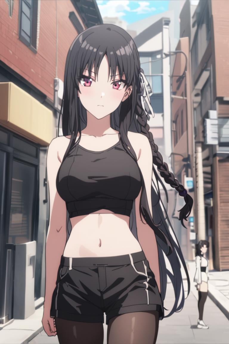 masterpiece, best quality, , cute,1girl, solo, female, horikita suzune, red eyes, purple eyes,  long hair, black hair, hair ribbon, side braid, anime screencap,croptop, shorts, outdoors, street, public, pantyhose, black pantyhose,   ,cowboy shot, looking at viewer, colorful, vivid, best quality, absurdres, best aesthetic <lora:Horikita_Suzune_XL-000009:1>