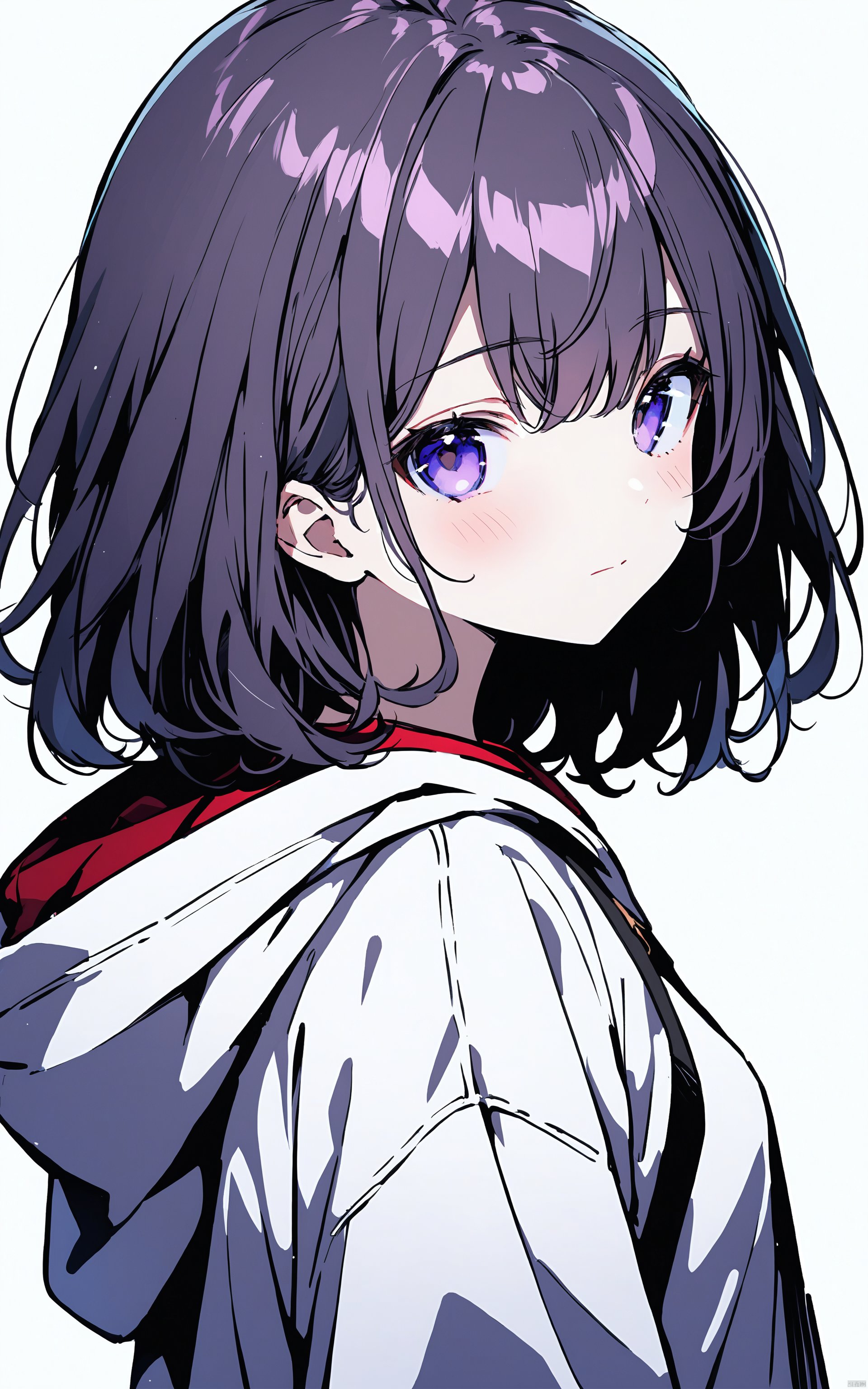  (masterpiece),(best quality),1girl, solo, hood, looking at viewer, white background, simple background, upper body, blush, hoodie, hood down, bangs, closed mouth, purple eyes, medium hair