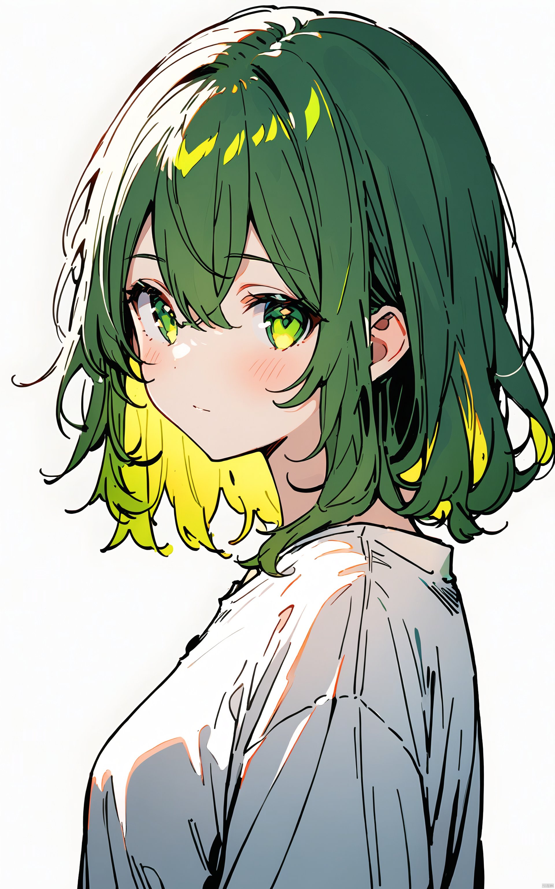  (masterpiece),(best quality),1girl, solo, green eyes, white background, simple background, looking at viewer, green hair, upper body, shirt, white shirt, blush, closed mouth, bangs, hair between eyes, looking to the side, from side