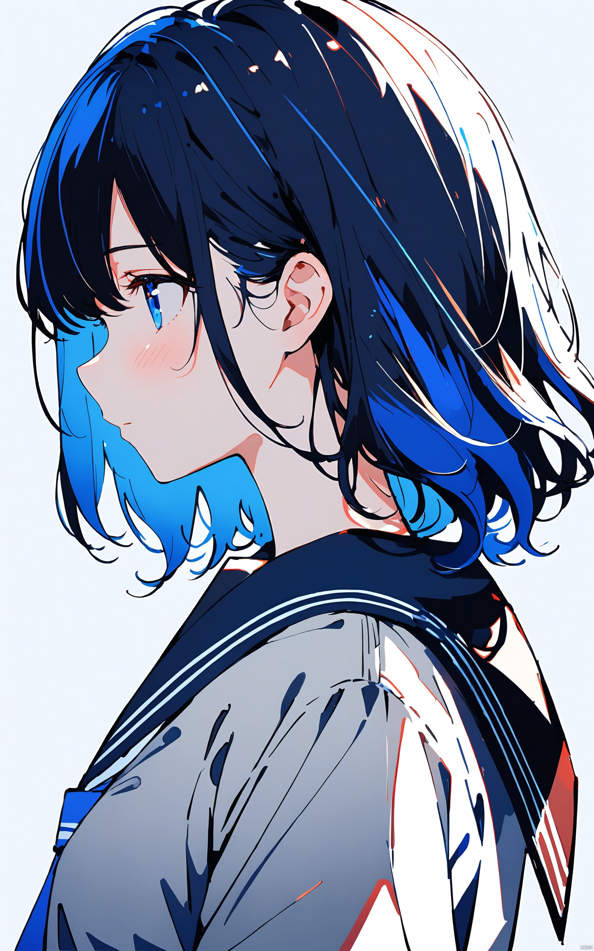  (masterpiece),(best quality),1girl, solo, blue eyes, white background, simple background, upper body, profile, bangs, blush, shirt, blue hair, closed mouth, from side, sailor collar