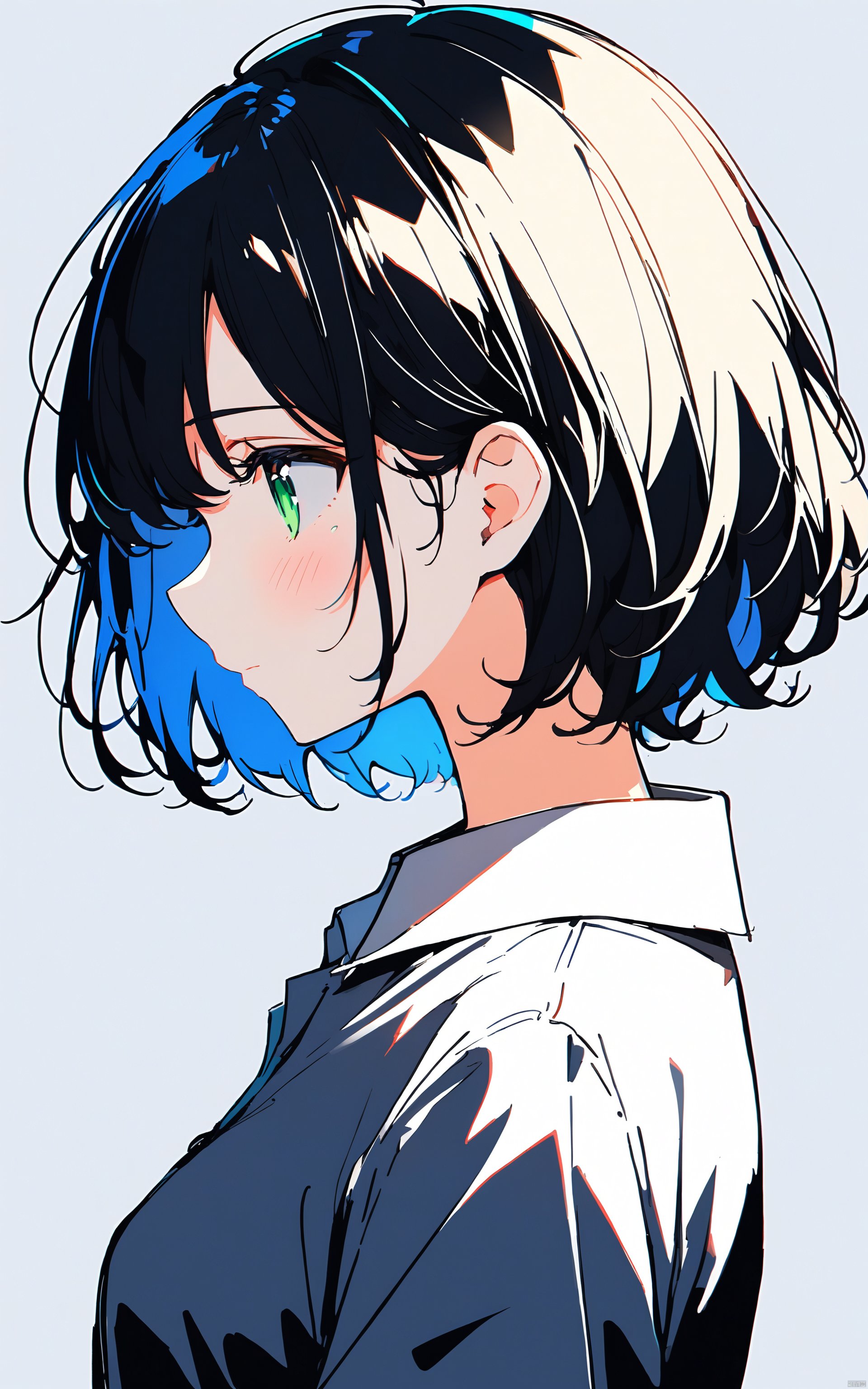  (masterpiece),(best quality),1girl, solo, white background, simple background, green eyes, shirt, white shirt, short hair, closed mouth, profile, bangs, blush, upper body, bob cut, from side, collared shirt