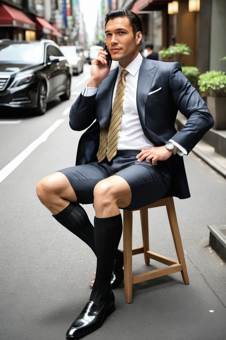 long socks,underwear, osaka, full body portrait, european man in 30s, handsome, beautiful, photorealistic, ribbed socks, black vertical stripe socks, gold striped tie,men in suit, loafers, wearing shorts, men, sitting, solo, editorial, leg_spread, shirt with collars, wearing expensive watch, on the avenue, wearing black loafers, talking on the phone, 180cm tall