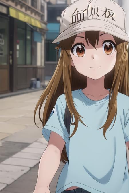 platelet, <lora:platelet s1-lora-nochekaiser:1>,platelet, long hair, brown hair, (brown eyes:1.5), smile,BREAK shirt, hat, short sleeves, boots, white headwear, blue shirt, flat cap,BREAK outdoors,BREAK looking at viewer, (cowboy shot:1.5),BREAK <lyco:GoodHands-beta2:1>, (masterpiece:1.2), best quality, high resolution, unity 8k wallpaper, (illustration:0.8), (beautiful detailed eyes:1.6), extremely detailed face, perfect lighting, extremely detailed CG, (perfect hands, perfect anatomy),