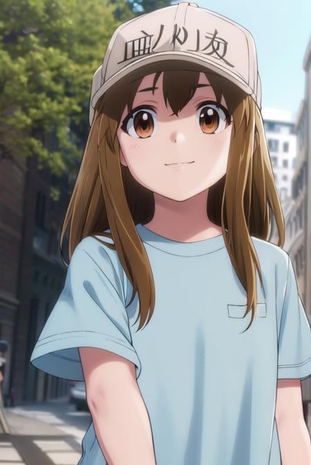 platelet, <lora:platelet s1-lora-nochekaiser:1>,platelet, long hair, brown hair, (brown eyes:1.5), smile,BREAK shirt, hat, short sleeves, boots, white headwear, blue shirt, flat cap,BREAK outdoors,BREAK looking at viewer, (cowboy shot:1.5),BREAK <lyco:GoodHands-beta2:1>, (masterpiece:1.2), best quality, high resolution, unity 8k wallpaper, (illustration:0.8), (beautiful detailed eyes:1.6), extremely detailed face, perfect lighting, extremely detailed CG, (perfect hands, perfect anatomy),