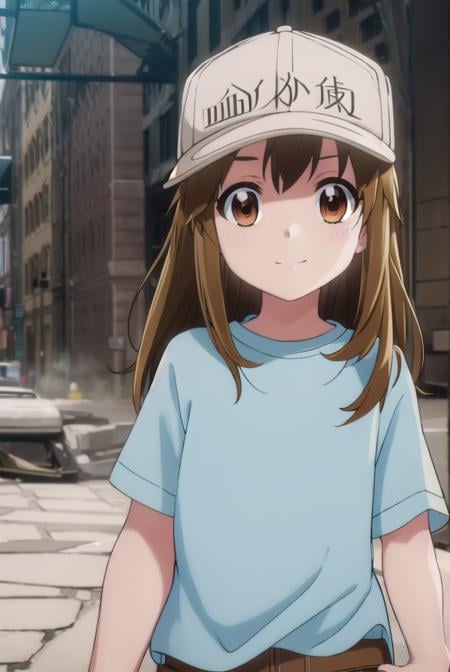 platelet, <lora:platelet s1-lora-nochekaiser:1>,platelet, long hair, brown hair, (brown eyes:1.5), smile,BREAK shirt, hat, short sleeves, boots, white headwear, blue shirt, flat cap,BREAK outdoors,BREAK looking at viewer, (cowboy shot:1.5),BREAK <lyco:GoodHands-beta2:1>, (masterpiece:1.2), best quality, high resolution, unity 8k wallpaper, (illustration:0.8), (beautiful detailed eyes:1.6), extremely detailed face, perfect lighting, extremely detailed CG, (perfect hands, perfect anatomy),