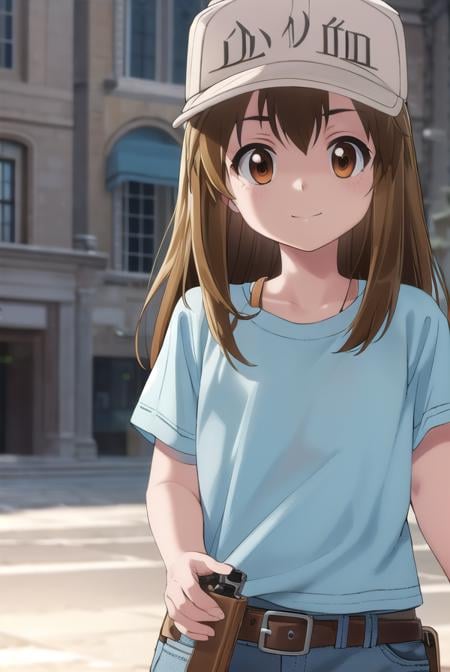 platelet, <lora:platelet s1-lora-nochekaiser:1>,platelet, long hair, brown hair, (brown eyes:1.5), smile,BREAK shirt, hat, short sleeves, boots, white headwear, blue shirt, flat cap,BREAK outdoors,BREAK looking at viewer, (cowboy shot:1.5),BREAK <lyco:GoodHands-beta2:1>, (masterpiece:1.2), best quality, high resolution, unity 8k wallpaper, (illustration:0.8), (beautiful detailed eyes:1.6), extremely detailed face, perfect lighting, extremely detailed CG, (perfect hands, perfect anatomy),