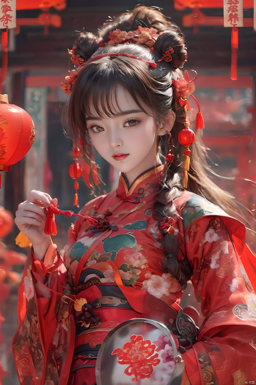  best quality,masterpiece,16k,1girl,Chinese New Year,Welcoming Spring Girl,Spring welcome clothing,Hanfu,Chinese knot,Red Theme,Close-up,Chest metal buttons,Regular circular helmet,Large chest,Complex,A large metal helmet,A huge metal helmet,ancient Chinese architecture,Red Lantern,Zhang Deng Jie Cai,Full of joy and joy,Spring Festival couplets,Ancient Chinese script,Brown eyes,Clothing printing