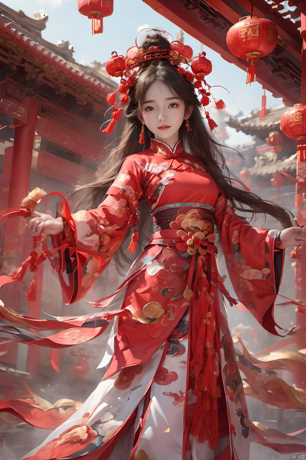  best quality,masterpiece,16k,1girl,Chinese New Year,Welcoming Spring Girl,Spring welcome clothing,Hanfu,Chinese knot,Upper body,Red Theme,Red and white clothing,(The dancing lion head on the head:1.3),Headwear,（The metal mecha behind it：1.5）,（Lion Dance）,full body,ancient Chinese architecture,Red Lantern,Zhang Deng Jie Cai,Full of joy and joy,Spring Festival couplets,Ancient Chinese script,Brown eyes,Clothing printing, (\shi shi ru yi\)