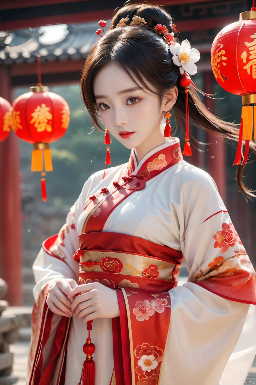  best quality,masterpiece,16k,1girl,Chinese New Year,Welcoming Spring Girl,Spring welcome clothing,Hanfu,Chinese knot,Upper body,Red Theme,Black gold earphones,White clothing,Red flower headwear,front,Gold Bell Earrings,Black gold forehead protection,Above the knee,ancient Chinese architecture,Red Lantern,Zhang Deng Jie Cai,Full of joy and joy,Spring Festival couplets,Ancient Chinese script,Brown eyes,Clothing printing