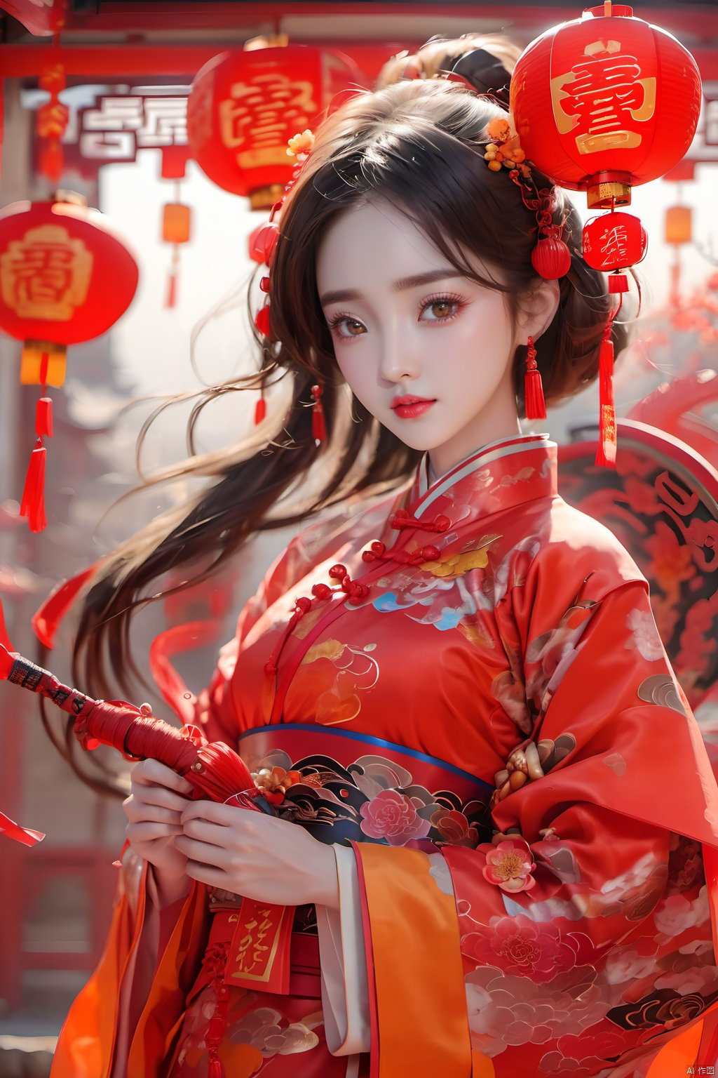  best quality,masterpiece,16k,1girl,Chinese New Year,Welcoming Spring Girl,Spring welcome clothing,Hanfu,Chinese knot,Red Theme,Close-up,(Chest metal buttons:1.3),Regular circular helmet,Large chest,Complex,(A large metal helmet:1.5),(A huge metal helmet:1.3),ancient Chinese architecture,Red Lantern,Zhang Deng Jie Cai,Full of joy and joy,Spring Festival couplets,Ancient Chinese script,Brown eyes,Clothing printing