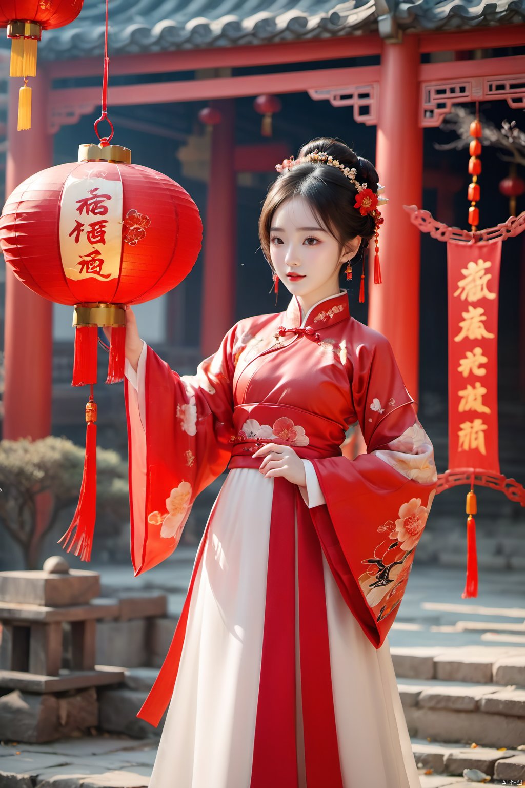  best quality,masterpiece,16k,1girl,Chinese New Year,Welcoming Spring Girl,Spring welcome clothing,Hanfu,Chinese knot,full body,Hands akimbo,Red Theme,Red flower headwear,White clothing,front,Metal bell,Backward circular structure,ancient Chinese architecture,Red Lantern,Zhang Deng Jie Cai,Full of joy and joy,Spring Festival couplets,Ancient Chinese script,Brown eyes,Clothing printing