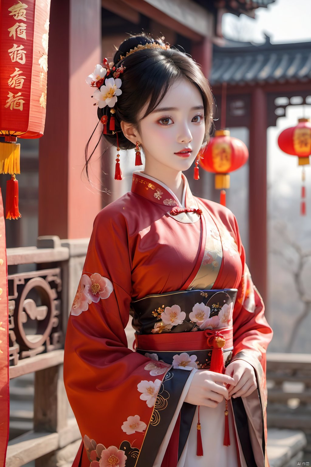  best quality,masterpiece,16k,1girl,Chinese New Year,Welcoming Spring Girl,Spring welcome clothing,Hanfu,Chinese knot,Upper body,Red Theme,Black gold earphones,White clothing,Red flower headwear,front,Gold Bell Earrings,Black gold forehead protection,Above the knee,ancient Chinese architecture,Red Lantern,Zhang Deng Jie Cai,Full of joy and joy,Spring Festival couplets,Ancient Chinese script,Brown eyes,Clothing printing