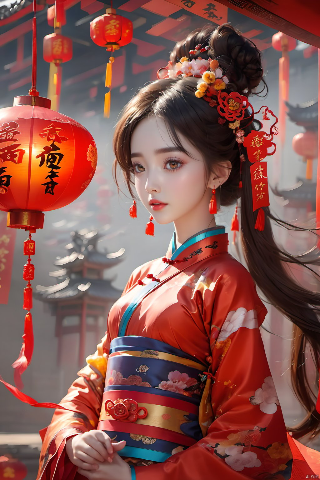  best quality,masterpiece,16k,1girl,Chinese New Year,Welcoming Spring Girl,Spring welcome clothing,Hanfu,Chinese knot,Red Theme,Water tank,(The huge circular mecha behind it:1.5),Looking up,Printed black silk,Headwear,Yellow goldfish,(full body:1.3),ancient Chinese architecture,Red Lantern,Zhang Deng Jie Cai,Full of joy and joy,Spring Festival couplets,Ancient Chinese script,Brown eyes,Clothing printing