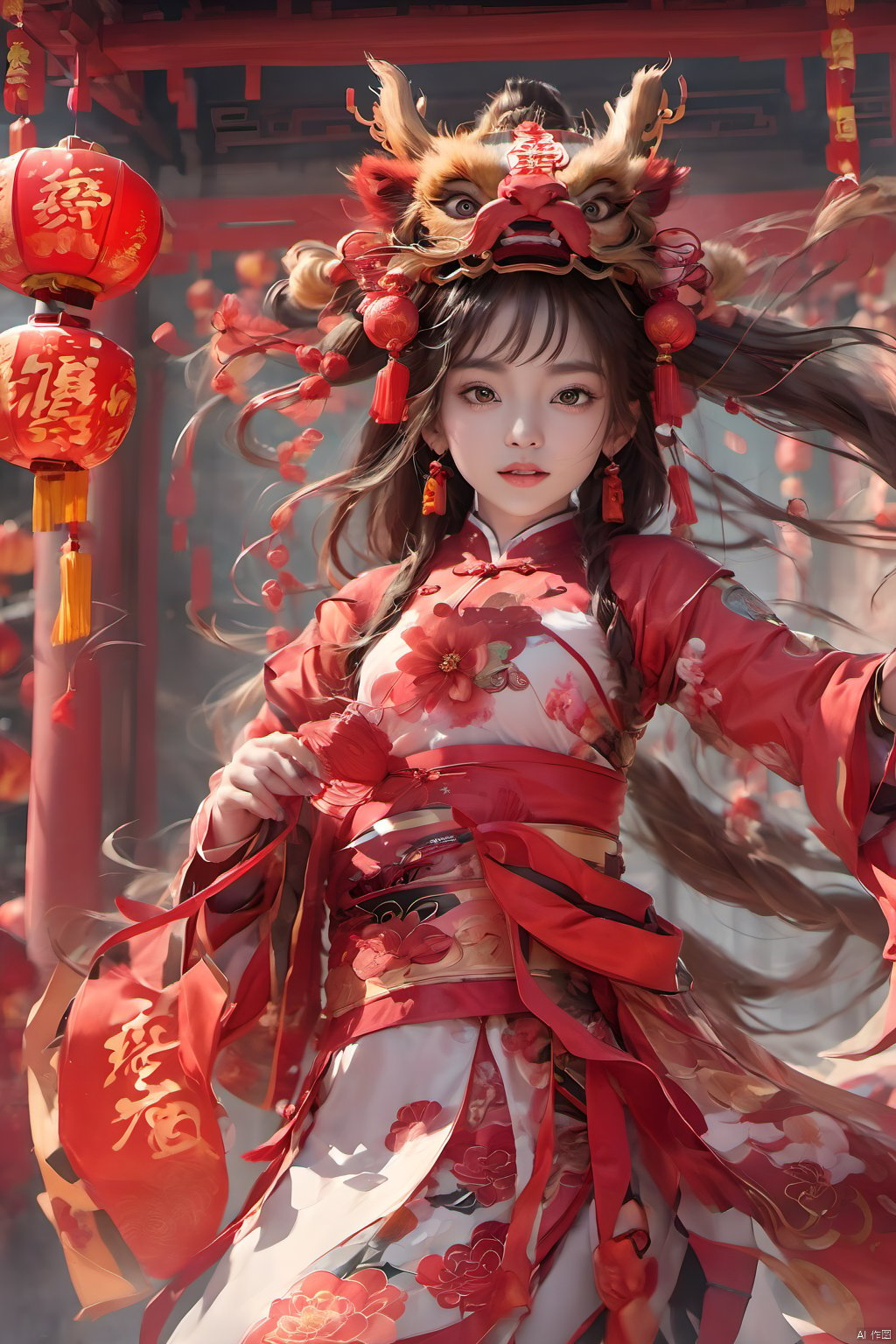  1girl,Chinese New Year,Welcoming Spring Girl,Spring welcome clothing,Hanfu,Chinese knot,Upper body,Red Theme,Red and white clothing,(The dancing lion head on the head:1.3),Headwear,（The metal mecha behind it：1.5）,（Lion Dance）,full body,ancient Chinese architecture,Red Lantern,Zhang Deng Jie Cai,Full of joy and joy,Spring Festival couplets,Ancient Chinese script,Brown eyes,Clothing printing, (\shi shi ru yi\)