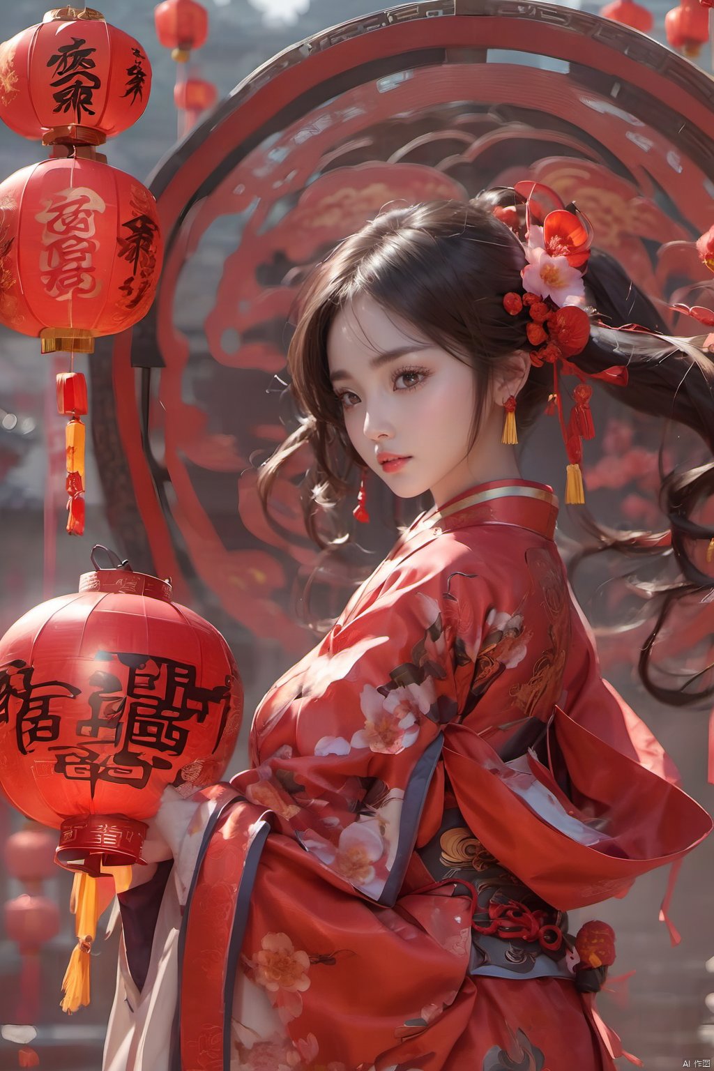  best quality,masterpiece,16k,1girl,Chinese New Year,Welcoming Spring Girl,Spring welcome clothing,Hanfu,Chinese knot,Red Theme,Close-up,Chest metal buttons,Regular circular helmet,Large chest,Complex,A large metal helmet,A huge metal helmet,ancient Chinese architecture,Red Lantern,Zhang Deng Jie Cai,Full of joy and joy,Spring Festival couplets,Ancient Chinese script,Brown eyes,Clothing printing