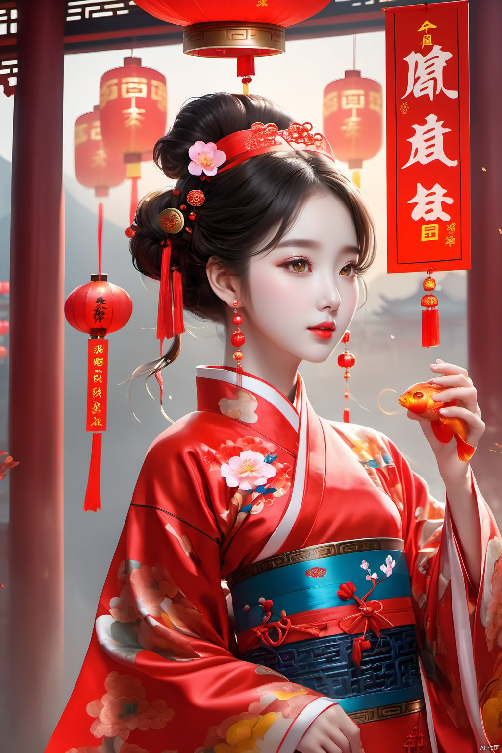  best quality,masterpiece,16k,1girl,Chinese New Year,Welcoming Spring Girl,Spring welcome clothing,Hanfu,Chinese knot,Red Theme,Water tank,(The huge circular mecha behind it:1.5),Looking up,Printed black silk,Headwear,Yellow goldfish,(full body:1.5),ancient Chinese architecture,Red Lantern,Zhang Deng Jie Cai,Full of joy and joy,Spring Festival couplets,Ancient Chinese script,Brown eyes,Clothing printing