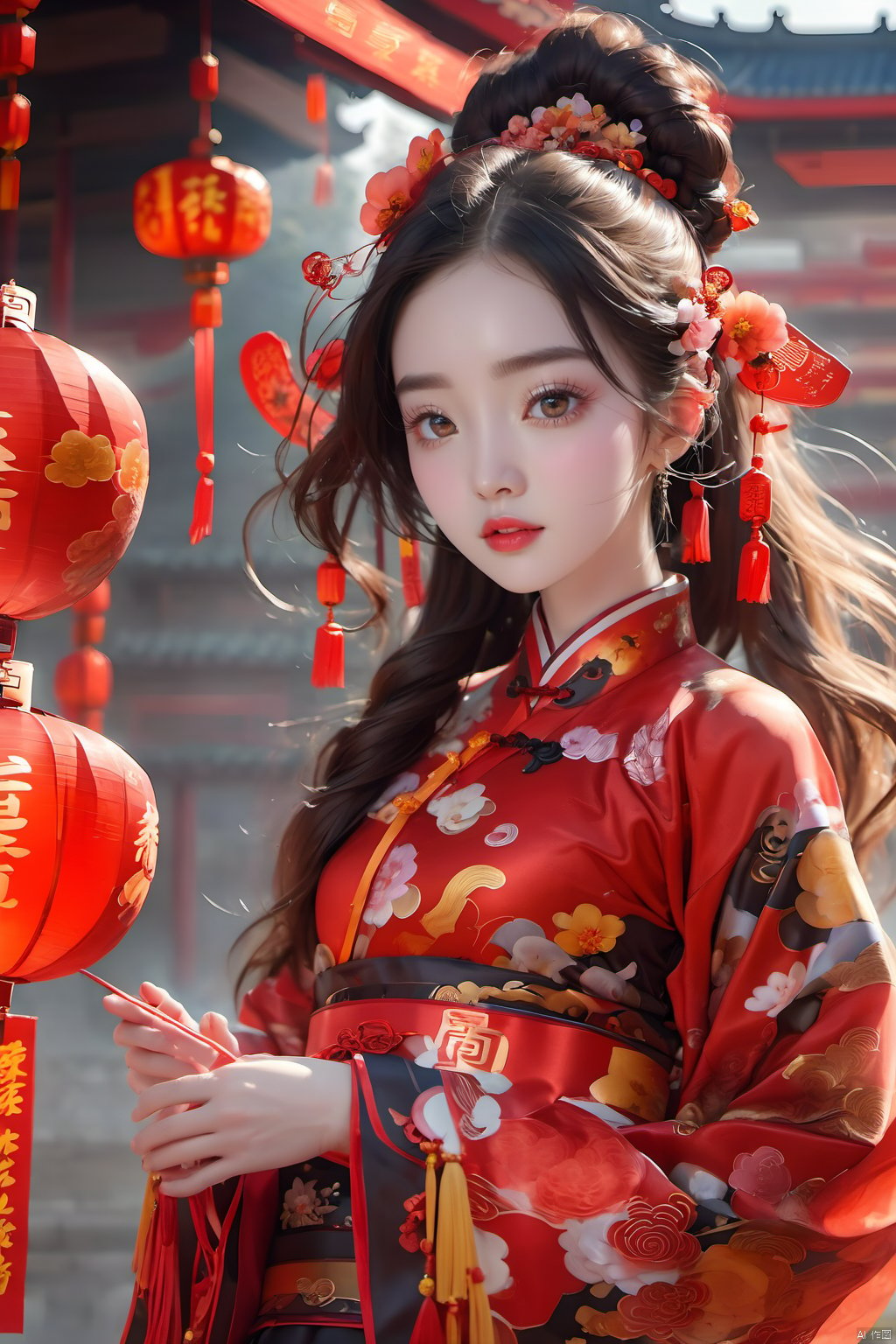  best quality,masterpiece,16k,1girl,Chinese New Year,Welcoming Spring Girl,Spring welcome clothing,Hanfu,Chinese knot,Red Theme,Water tank,(The huge circular mecha behind it:1.5),Looking up,Printed black silk,Headwear,Yellow goldfish,(full body:1.3),ancient Chinese architecture,Red Lantern,Zhang Deng Jie Cai,Full of joy and joy,Spring Festival couplets,Ancient Chinese script,Brown eyes,Clothing printing