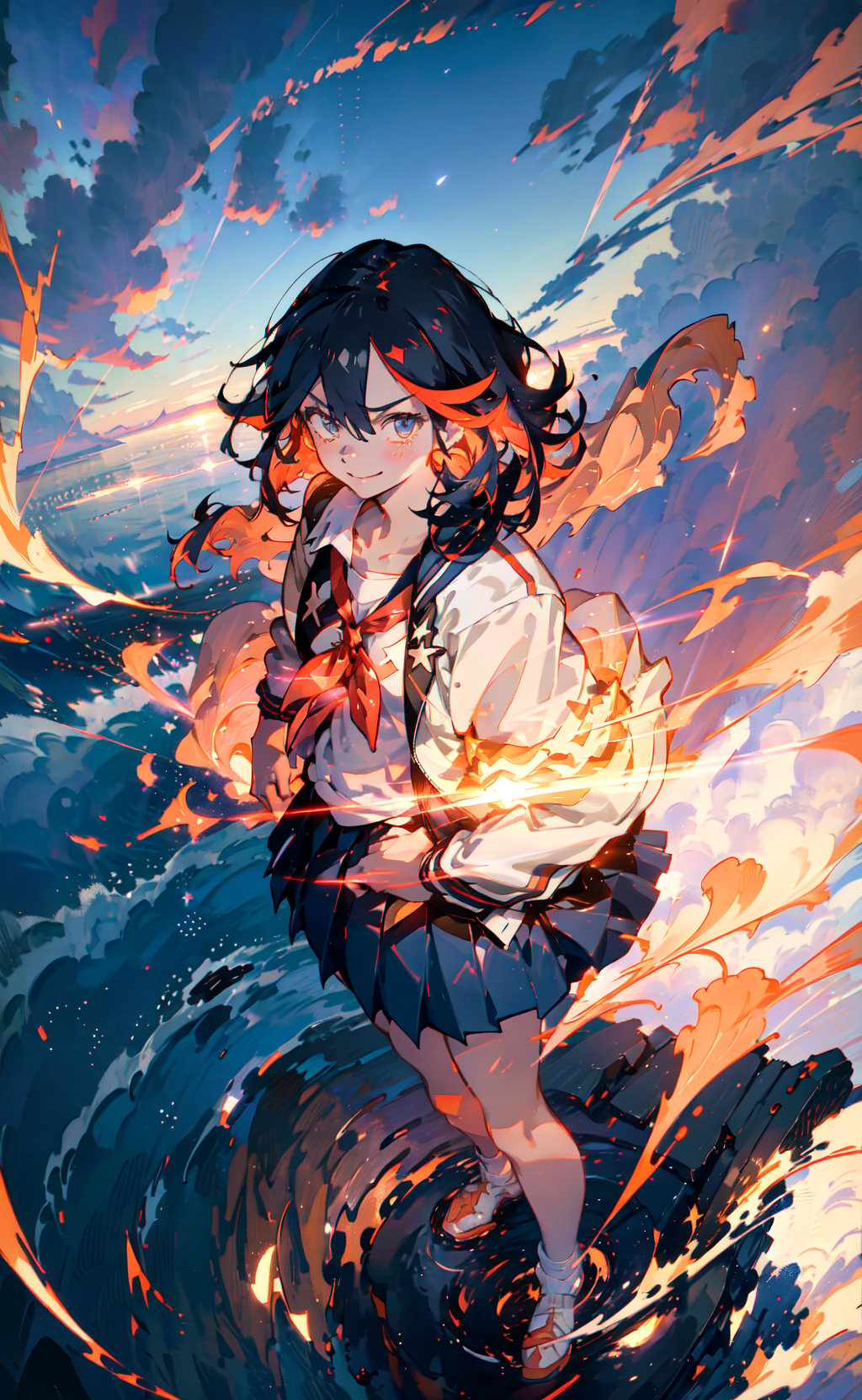 masterpiece, best quality, 1girl, solo, matoi ryuuko, blue skirt, hands in pockets, letterman jacket, looking at viewer, red neck ribbon, open jacket, pleated skirt, smile, white shirt, cloudy sky, smoke, lens flare, bokeh, swirling, glittering, sparkling, from above <lora:MatoiRyuukoV3:0.75>