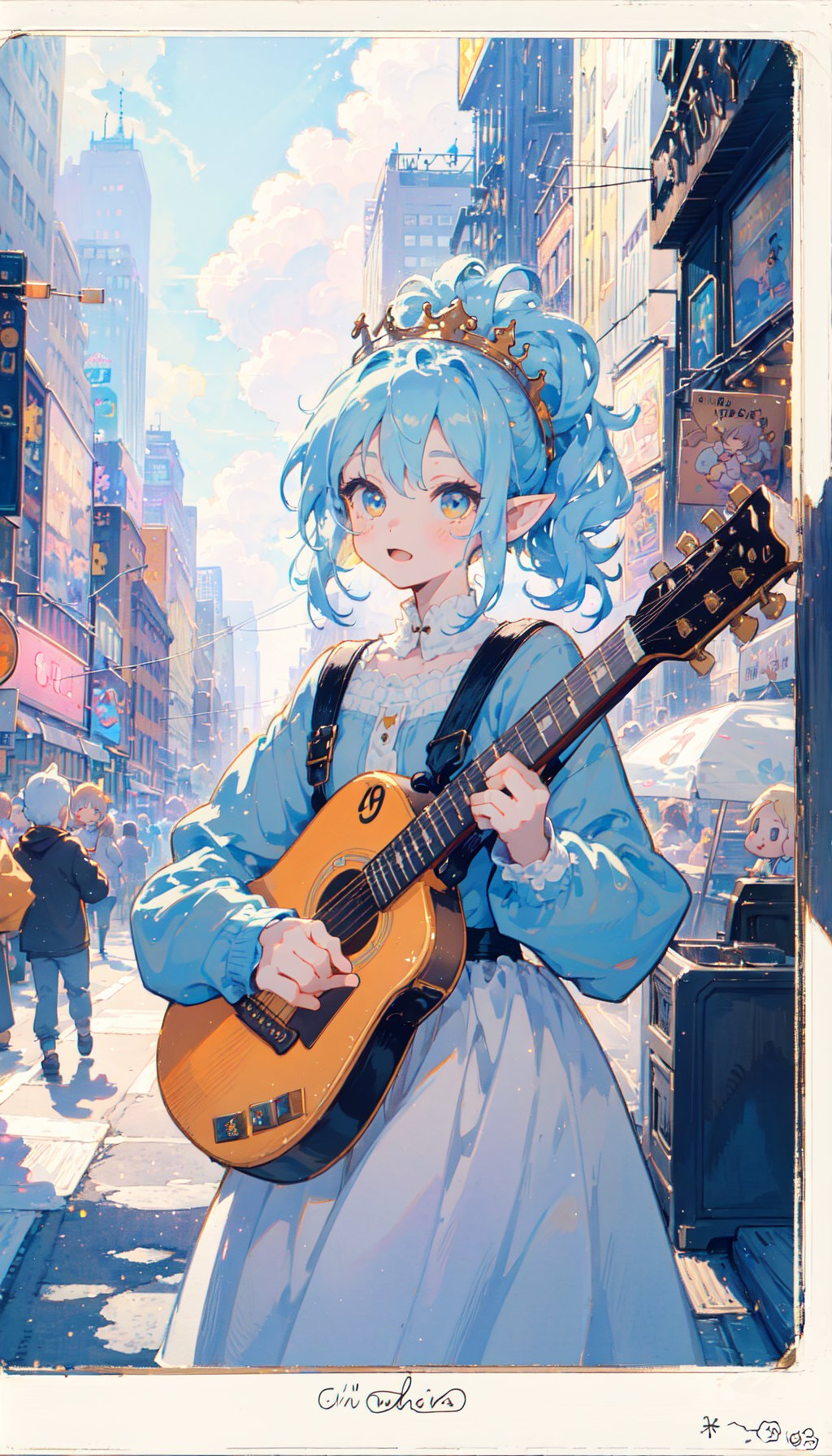 polaroid photo, masterpiece, best quality, cute chibi illustration, 1girl, the cloud elf queen busks on the streets of new york, spoken musical note, musical note, casual, playing guitar, relaxed, happy, film grain, soft lighting, glittering, sparkling, HDR, intimate close-up