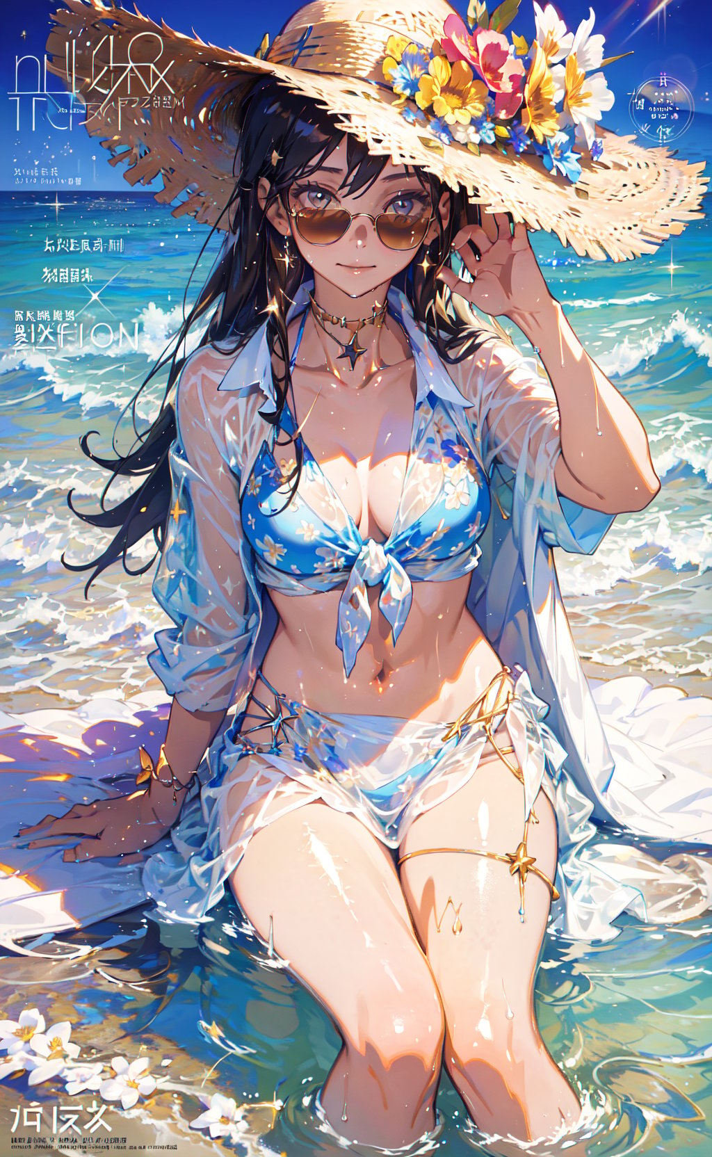 (fashion magazine cover:1.2), masterpiece, best quality, 1girl, beach, bikini, wet tied shirt, sunglasses, hat, (smile:0.7), very long hair, soft lighting, shiny skin, sparkle, flower