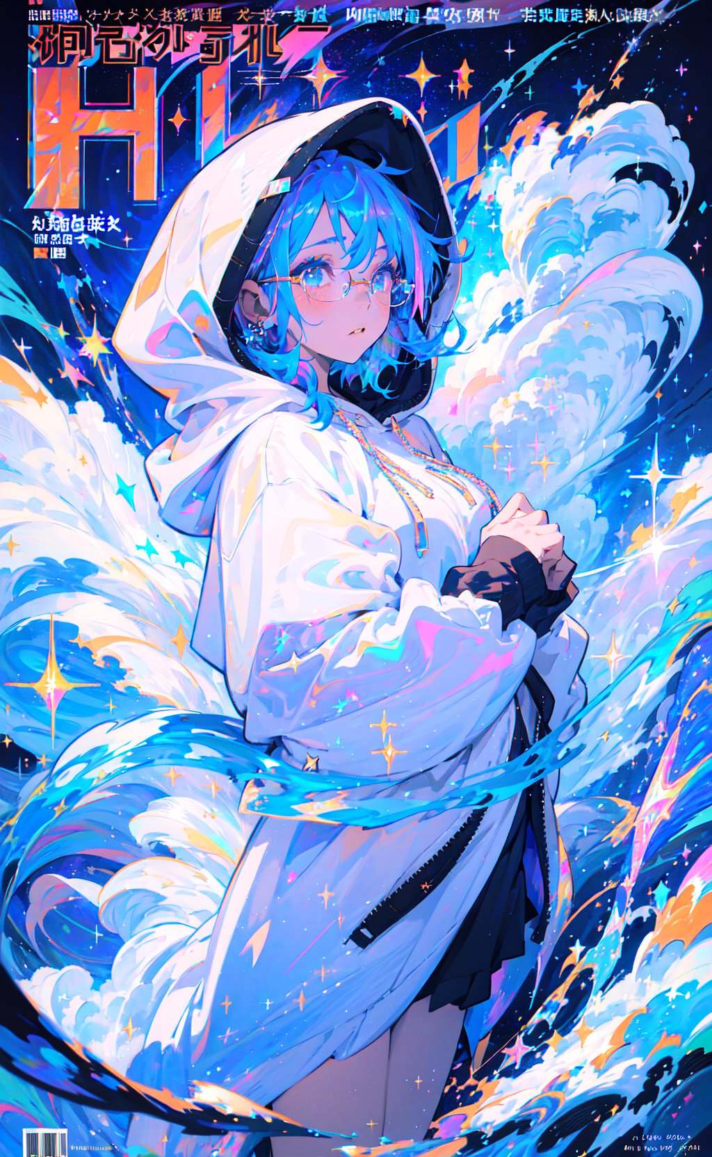 (magazine cover:1.1), masterpiece, best quality, 1girl, blue hair, medium hair, hoodie, hood up, glasses, jewelry dynamic, colorful, cloudy sky, sparkle, sparkling, glitter, glittering, iridescent, swirl, swirling, abstract, expressive