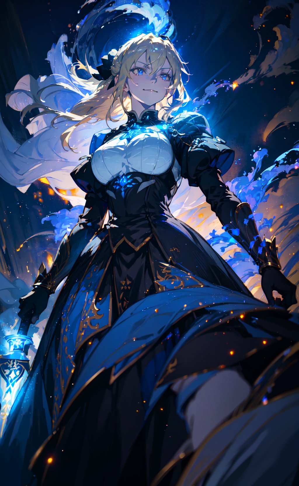 masterpiece, best quality, 1girl, artoria pendragon \(fate\), smug, smirk, dark, moody, swirling smoke, glow, glowing, depth of field, bokeh, cinematic, dynamic, from below