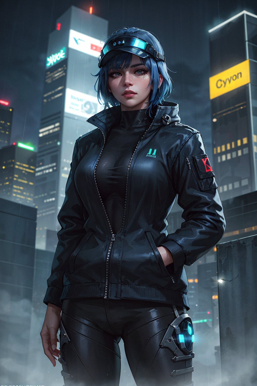 1girl, lady with cybernetic parts, glowing visor, short light blue hair, techwear, oversized black jacket, skyscraper outdoors, neon rim light, night, rain, volumetric lighting, best quality, masterpiece, realistic