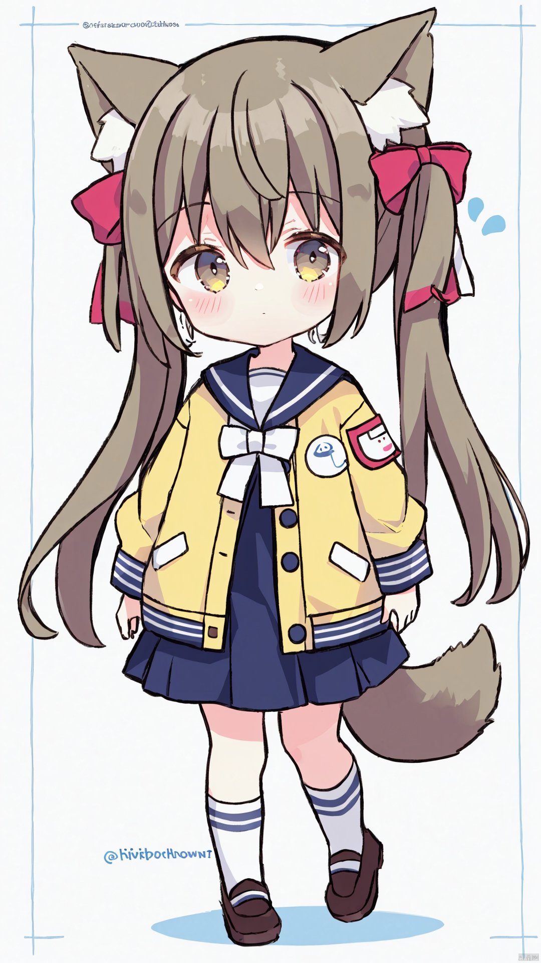 1girl, solo, long hair, looking at viewer, blush, bangs, skirt, brown hair, shirt, long sleeves, white background, bow, animal ears, hair between eyes, twintails, brown eyes, very long hair, closed mouth, standing, jacket, tail, full body, hair bow, pleated skirt, open clothes, shoes, socks, sailor collar, chibi, twitter username, red bow, open jacket, animal ear fluff, sleeves past wrists, shadow, light brown hair, white skirt, white bow, white socks, red footwear, white sailor collar, yellow shirt, pink jacket, colored shadow