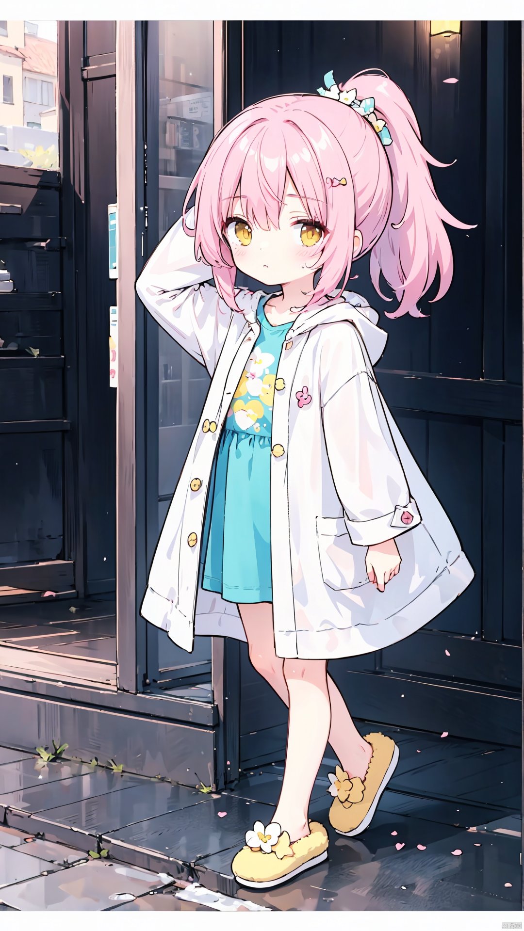  1petite loli, solo.pink hair, long pink hair, (yellow eyes), hair flower, fipped hair, high ponytail, loose over_sized Casual T-shirt, white shirt, hoodie coat, bare legs, slippers;relaxed, one-eye_closed, adjusting hair, looking at viewer, standing.