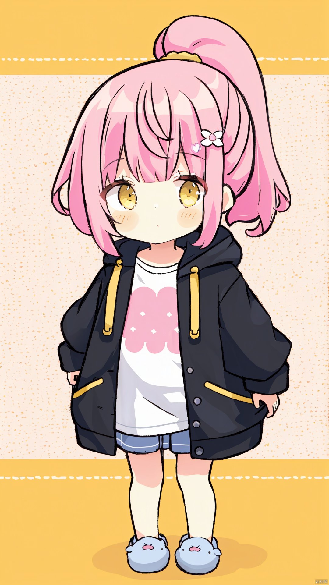 1petite loli, solo.pink hair, long pink hair, (yellow eyes), hair flower, fipped hair, high ponytail, loose over_sized Casual T-shirt, white shirt, hoodie coat, bare legs, slippers;relaxed, one-eye_closed, adjusting hair, looking at viewer, standing.