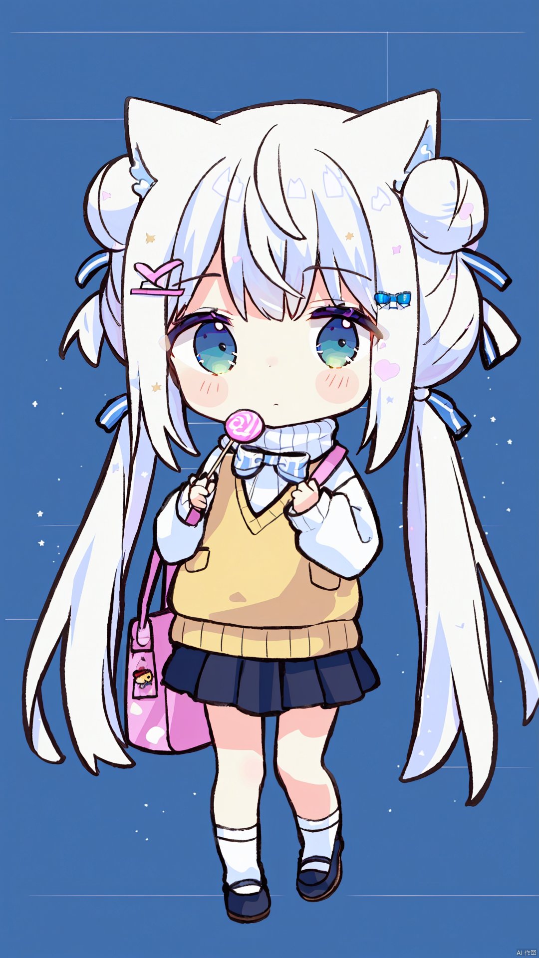 1girl, solo, long hair, looking at viewer, bangs, blue eyes, skirt, shirt, hair ornament, long sleeves, bow, holding, animal ears, twintails, very long hair, closed mouth, standing, full body, white shirt, white hair, pleated skirt, food, shoes, socks, hairclip, black skirt, bag, hair bun, chibi, scarf, black footwear, sweater, sleeves past wrists, double bun, low twintails, blush stickers, holding food, candy, :<, puffy long sleeves, sweater vest, lollipop, shoulder bag, blue scarf, loose socks, holding candy, holding lollipop