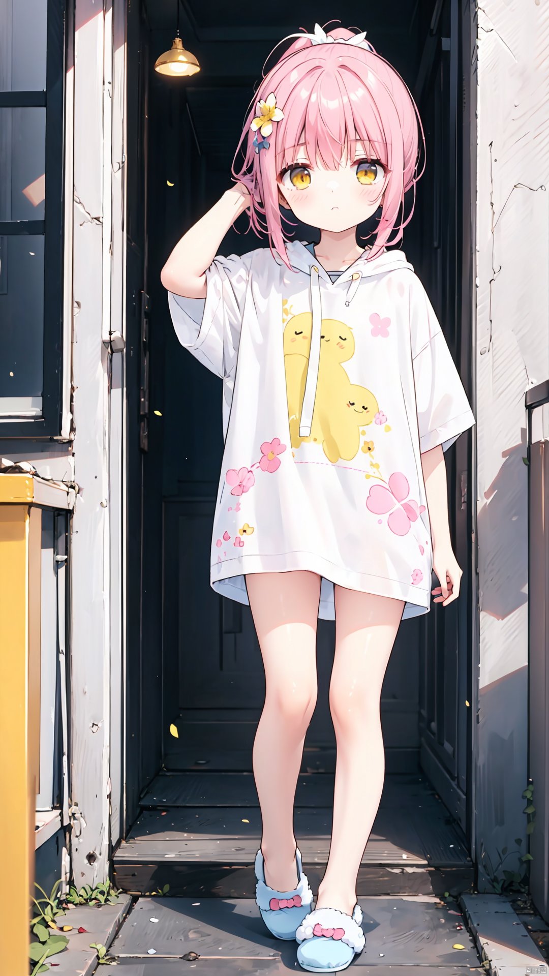  1petite loli, solo.pink hair, long pink hair, (yellow eyes), hair flower, fipped hair, high ponytail, loose over_sized Casual T-shirt, white shirt, hoodie coat, bare legs, slippers;relaxed, one-eye_closed, adjusting hair, looking at viewer, standing.