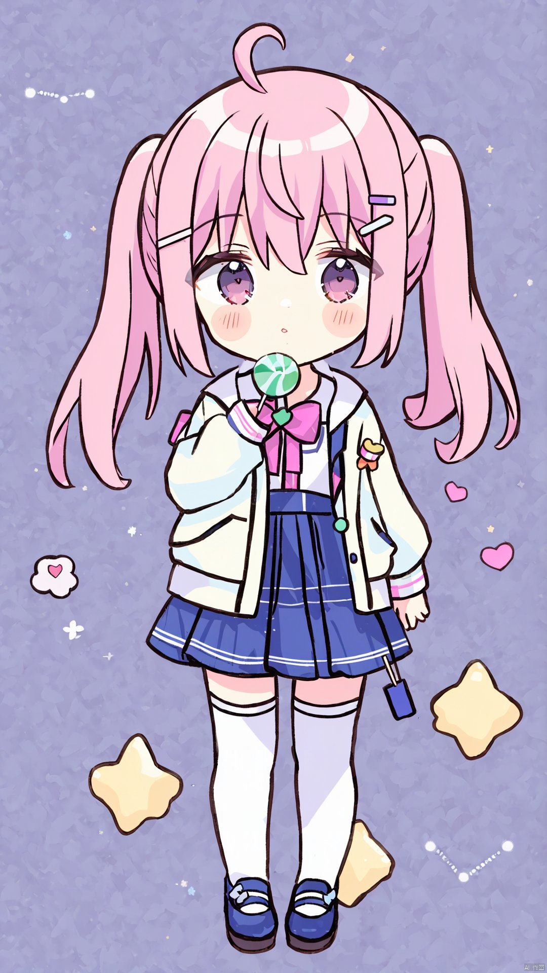 1girl, solo, long hair, looking at viewer, blush, bangs, skirt, shirt, hair ornament, red eyes, thighhighs, long sleeves, bow, holding, hair between eyes, twintails, standing, jacket, full body, pink hair, ahoge, heart, pleated skirt, parted lips, food, open clothes, shoes, hairclip, chibi, black footwear, white thighhighs, open jacket, blue skirt, plaid, blue bow, blush stickers, pink background, scrunchie, white jacket, holding food, candy, lollipop, heart ahoge, holding candy, holding lollipop, swirl lollipop, plaid background