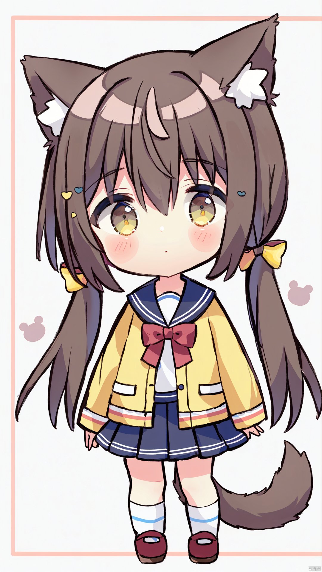  1girl, solo, long hair, looking at viewer,upper_body, blush, bangs, skirt, brown hair, shirt, long sleeves, white background, bow, animal ears, hair between eyes, twintails, brown eyes, very long hair, closed mouth, standing, jacket, tail, full body, hair bow, pleated skirt, open clothes, shoes, socks, sailor collar, chibi, twitter username, red bow, open jacket, animal ear fluff, sleeves past wrists, shadow, light brown hair, white skirt, white bow, white socks, red footwear, white sailor collar, yellow shirt, pink jacket, colored shadow