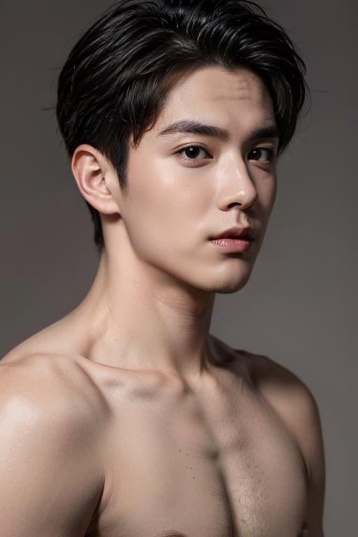 ((masterpiece)),((bestquality)),8k,high detailed,ultra-detailed,Realistic,professional photography,85mm lens,front view,halfbody shot,photograhpy,sharp focus,HD,8k,simple background,portrait,1boy,(topless:1.47),solo,male focus,handsome face,(real skin texture:1.334),Afro Haircut,well-proportioned hands,black eyes,thick eyebrows,solid eyes,(((Stubble))),<lora:add_detail:0.8>,([Practical special effect lighting|Snoot lighting|fluorescent lighting|Practical lighting|Vertical lighting]),