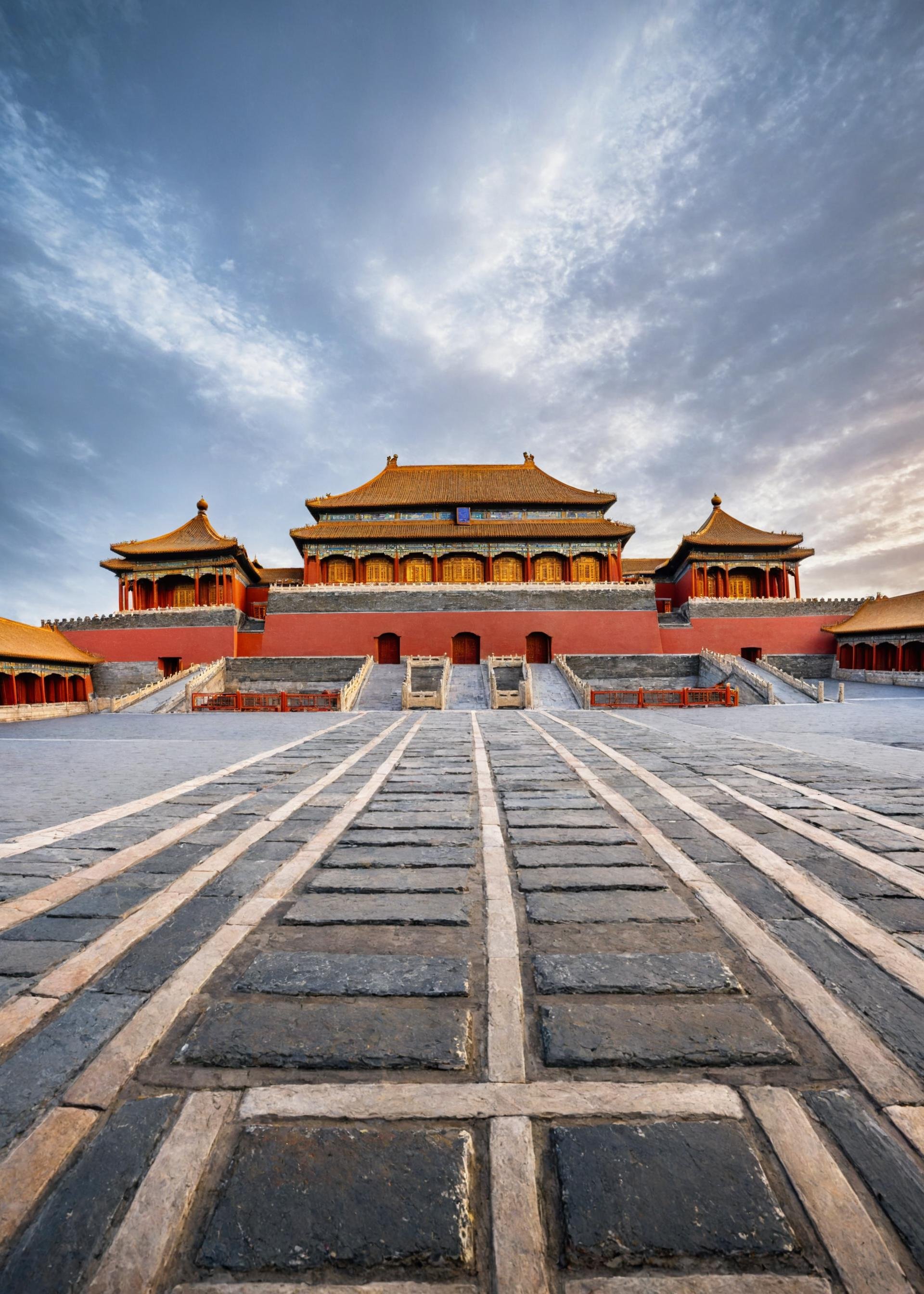 <lora:故宫:1>,The Forbidden City,no humans,The image showcases a grand architectural complex, possibly a temple or palace, situated in an expansive courtyard. The buildings are adorned with intricate golden detailing, and the central structure has multiple tiers. The sky above is clear with a soft hue, suggesting either dawn or dusk. The ground is paved with gray stones, and there are decorative railing along the sides of the courtyard. A bridge connects two parts of the complex, and the overall scene exudes a sense of serenity and historical significance., masterpiece, best quality,