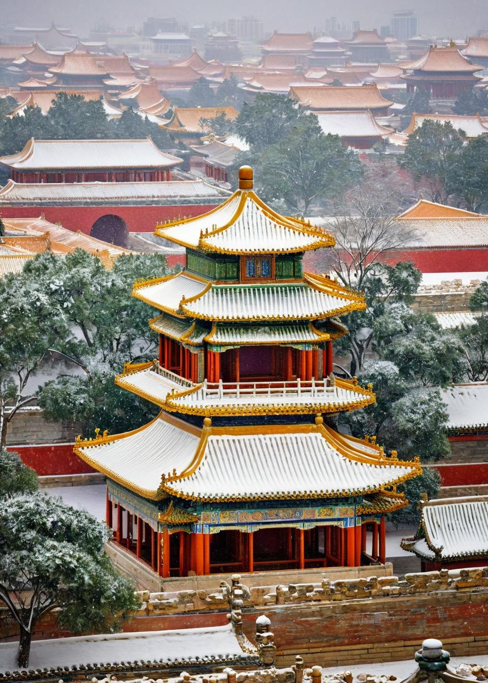 <lora:故宫:1>,The Forbidden City,no humans,This image showcases an exquisite display of traditional East Asian architecture,most likely from China. The scene is dominated by multi-tiered roofs adorned with intricate designs and patterns. Snow blankets the rooftops,adding a serene and tranquil ambiance to the setting. The pagoda-like structures are ornate,with golden embellishments and colorful tiles. The overall scene is a blend of nature's beauty and human architectural artistry,capturing the essence of a snowy day in a historic location.,, masterpiece, best quality,